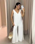 Conjunto Casual de Mujer con Cuello en V en Color Liso