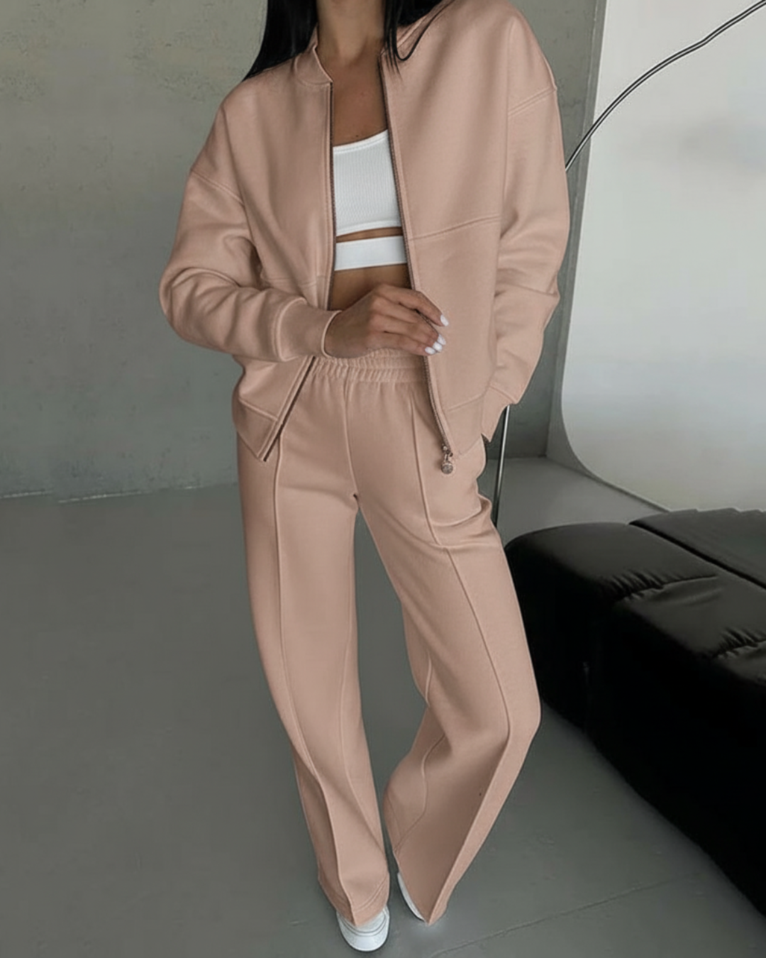 Conjunto de Chaqueta con Cremallera y Pantalón de Pierna Ancha para Mujer