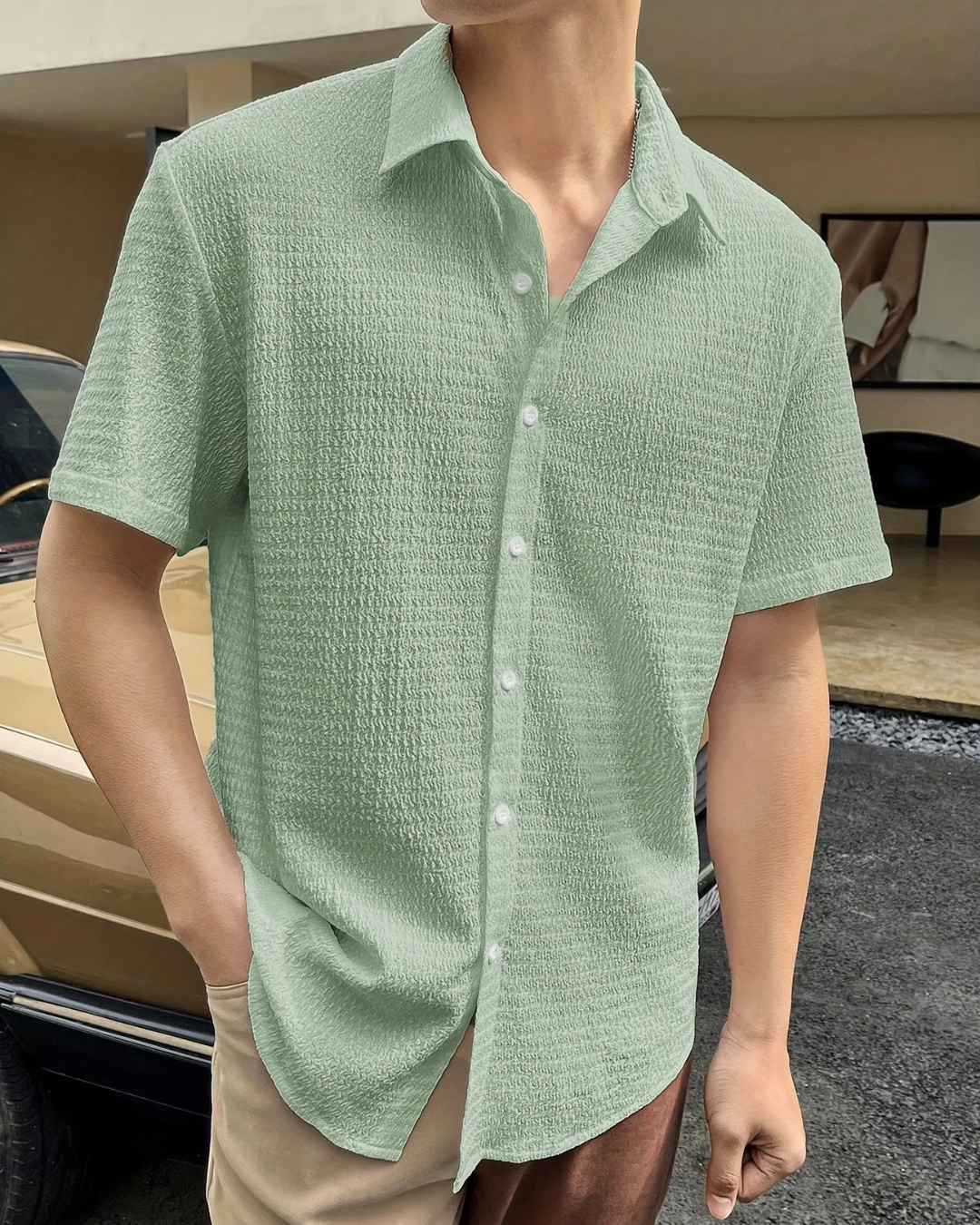 Camisa de manga corta con tejido texturizado para hombre