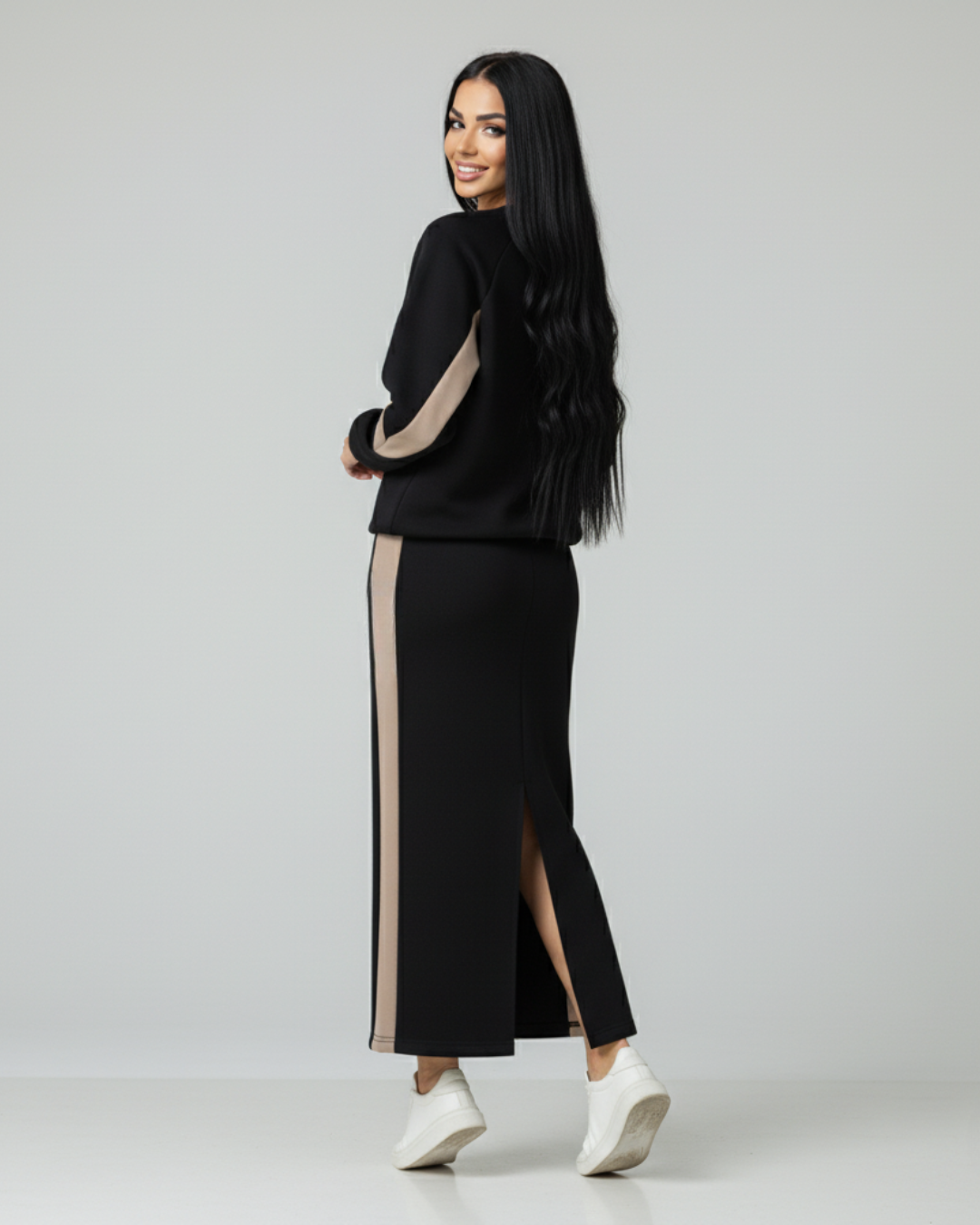 Conjunto holgado con top de manga larga y falda con abertura®