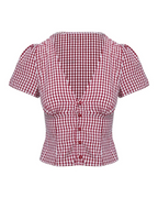 Blusa Entallada de Cuadros con Escote en V y Mangas Cortas Abullonadas