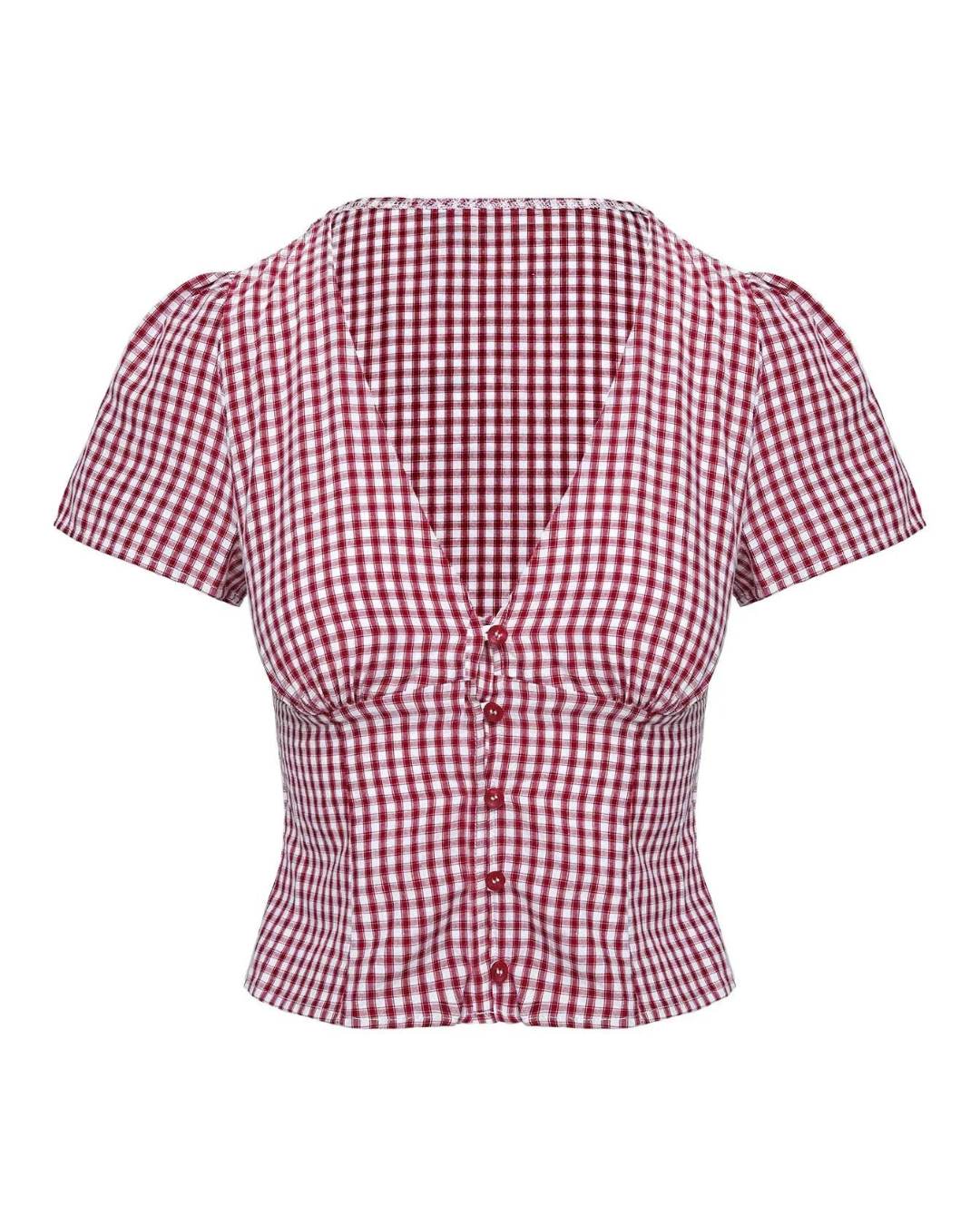 Blusa Entallada de Cuadros con Escote en V y Mangas Cortas Abullonadas