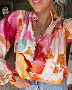 Blusa Holgada con Cuello en V y Mangas Largas