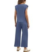 Conjunto de Dos Piezas de Top y Pantalón Corto Ancho con Mangas Cortas para Mujer