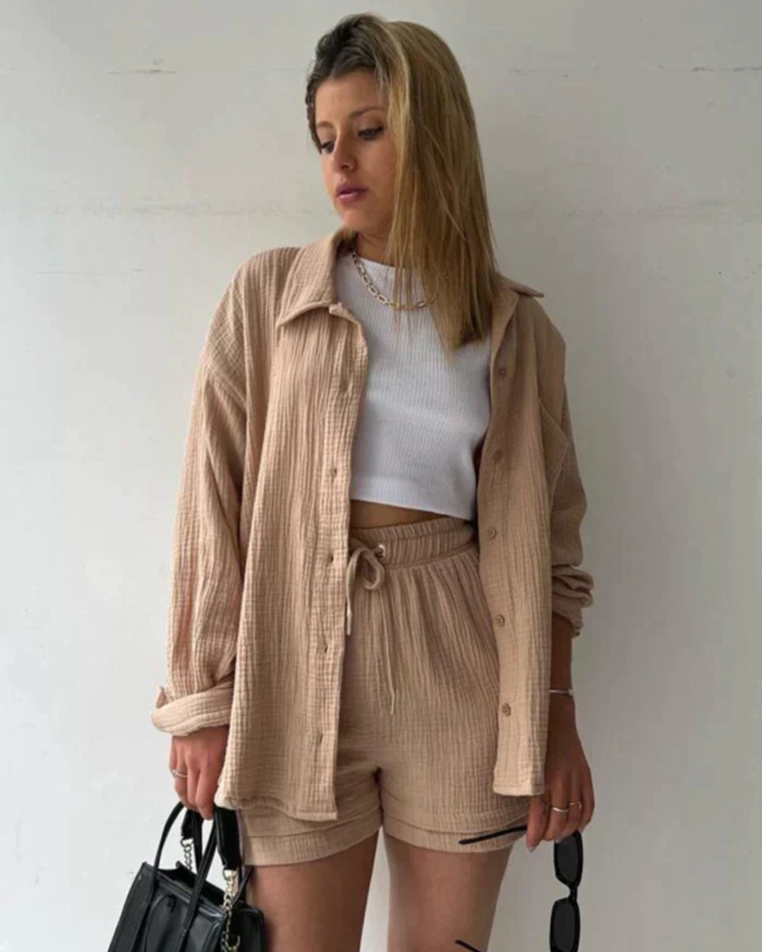 Conjunto de camisa de manga larga y short corto de cintura alta