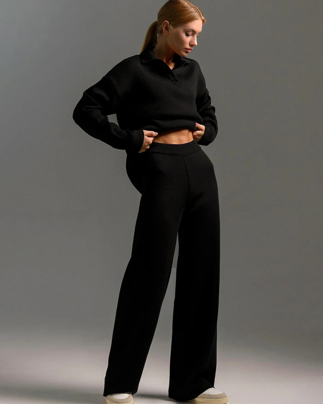 Conjunto de 2 Piezas para Mujer, Sudadera con Cuello de Polo y Pantalón de Pierna Ancha®