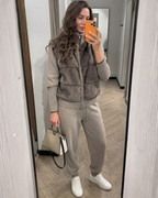 Conjunto Casual de Chaqueta y Pantalón con Detalles de Felpa para Mujer