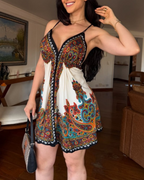 Vestido Mini Elegante con Estampado Colorido y Espalda Descubierta