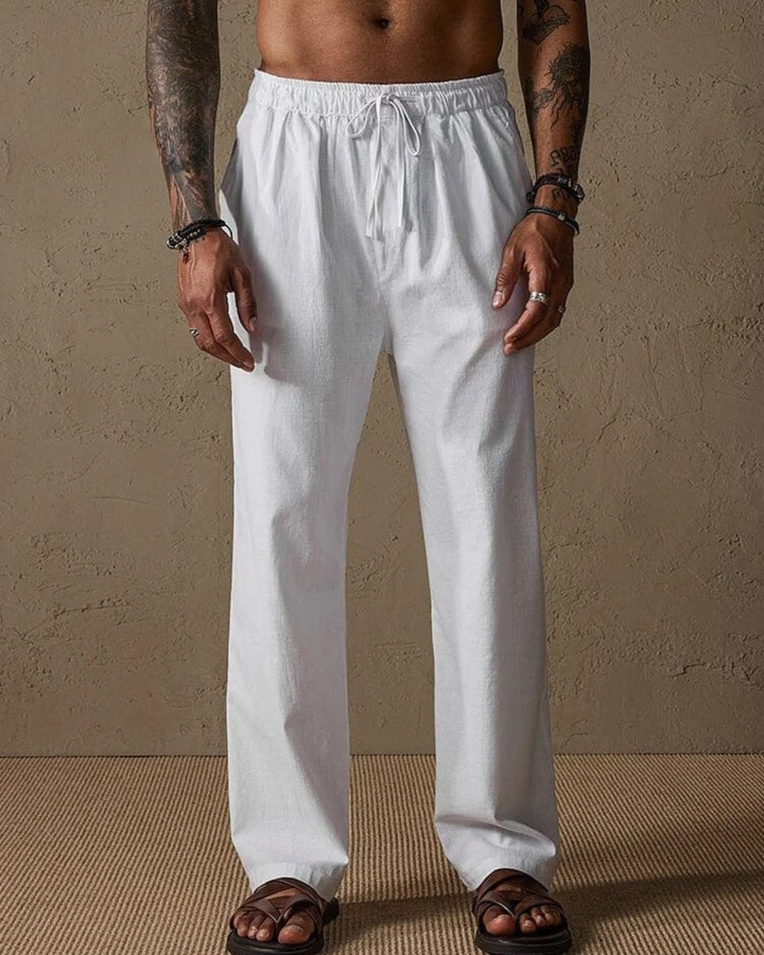 Pantalón con Corte Recto y Cintura Ajustable de Lino para Hombre