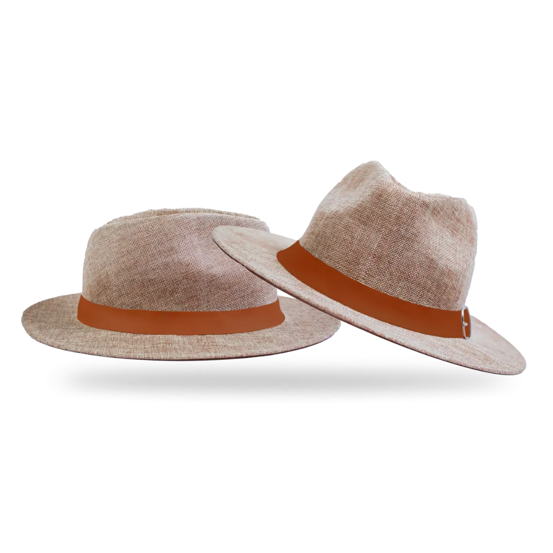 Sombrero de ala ancha en lino con detalle en cuero