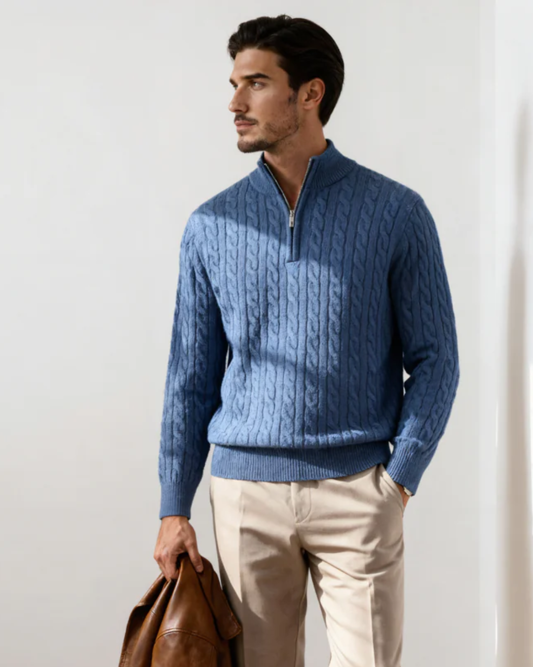 Suéter Manga Larga de Punto con Cremallera para Hombre