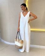 Conjunto Casual de Mujer con Cuello en V en Color Liso