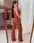 Conjunto en Lino de Chaleco y Pantalón de Pierna Ancha para Mujer