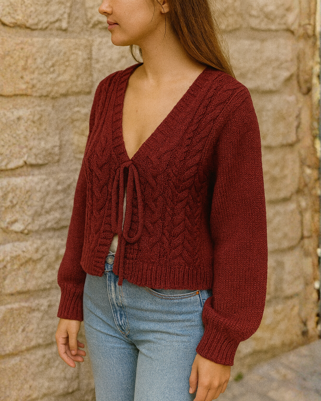 Cárdigan Corto de Punto Trenzado con Lazos para Mujer