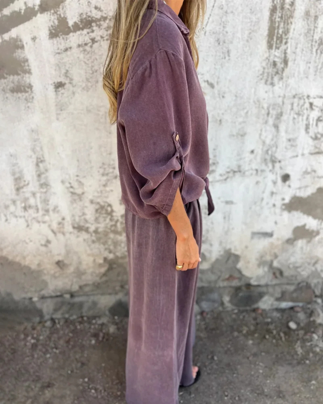 Conjunto de 2 Piezas con Mono Largo de Pierna Ancha para Mujer con Camisa de Botones y Lazo Frontal®