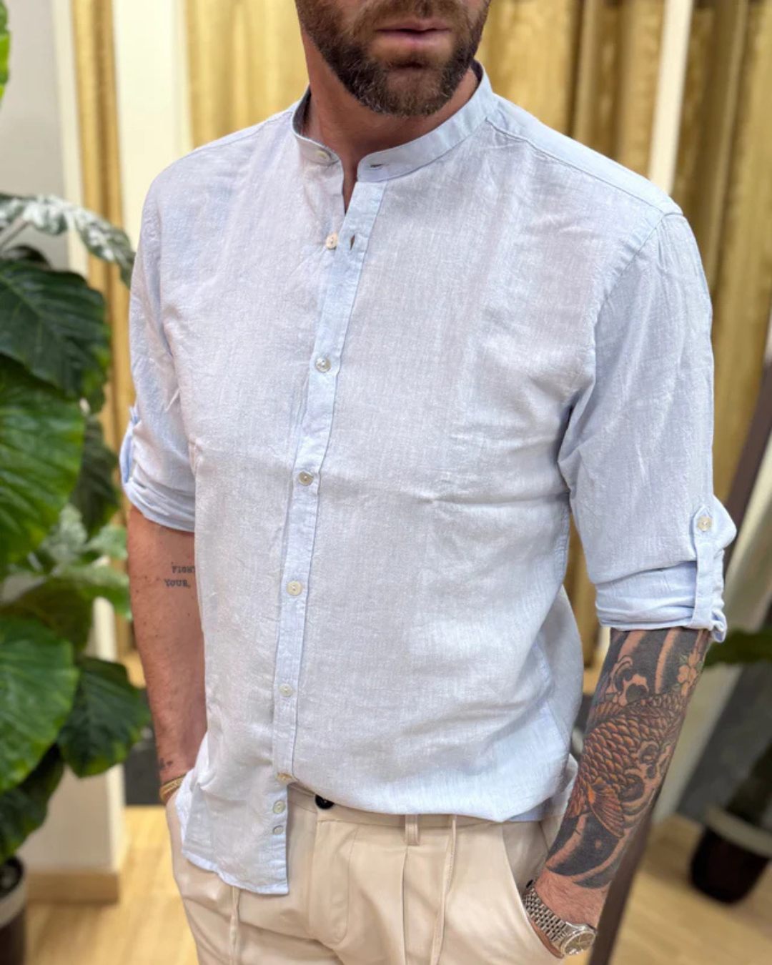 Camisa de Manga Larga en tejido de Lino para Hombre