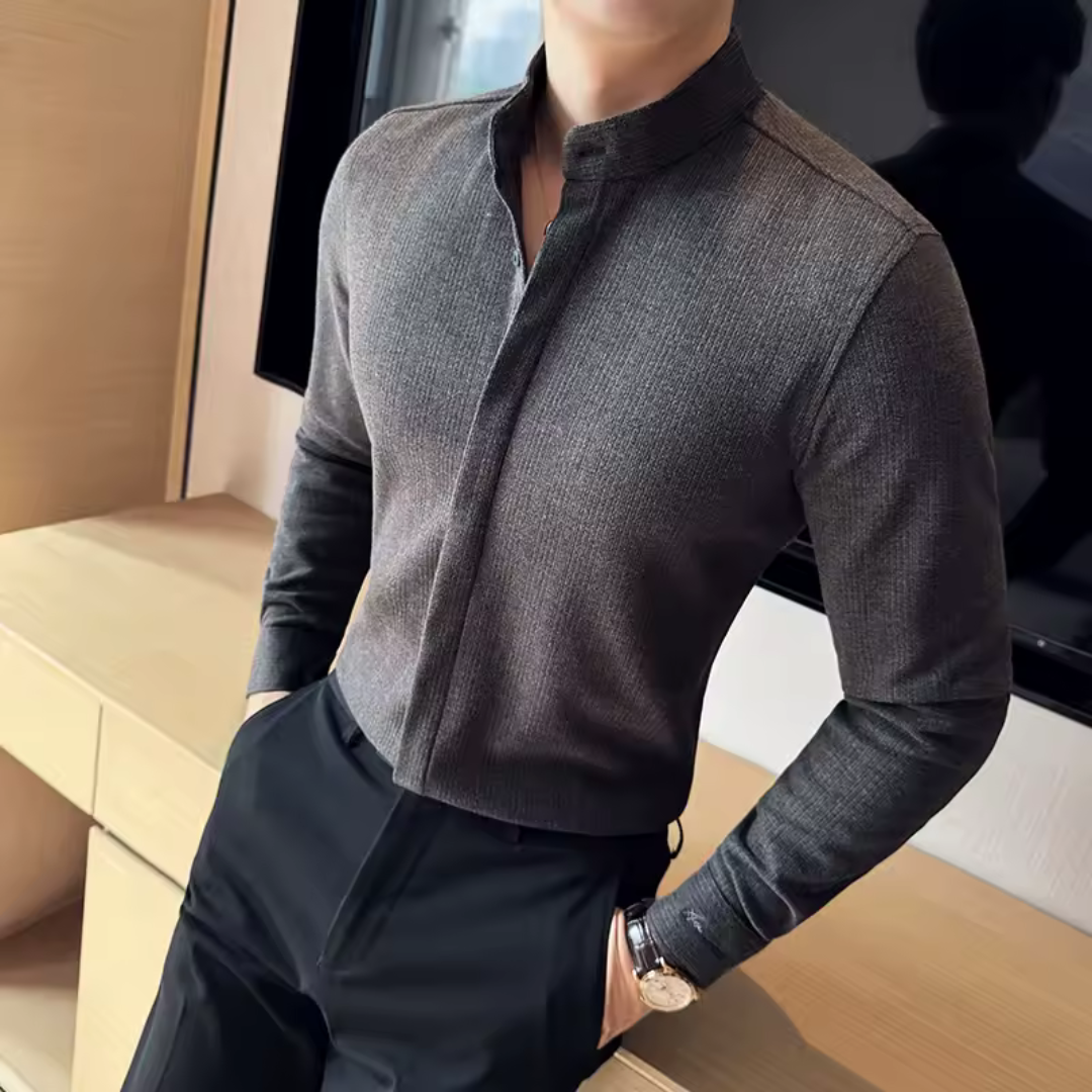 Camisa de Solapa de Color liso para Hombre con Cierre de Cremallera®