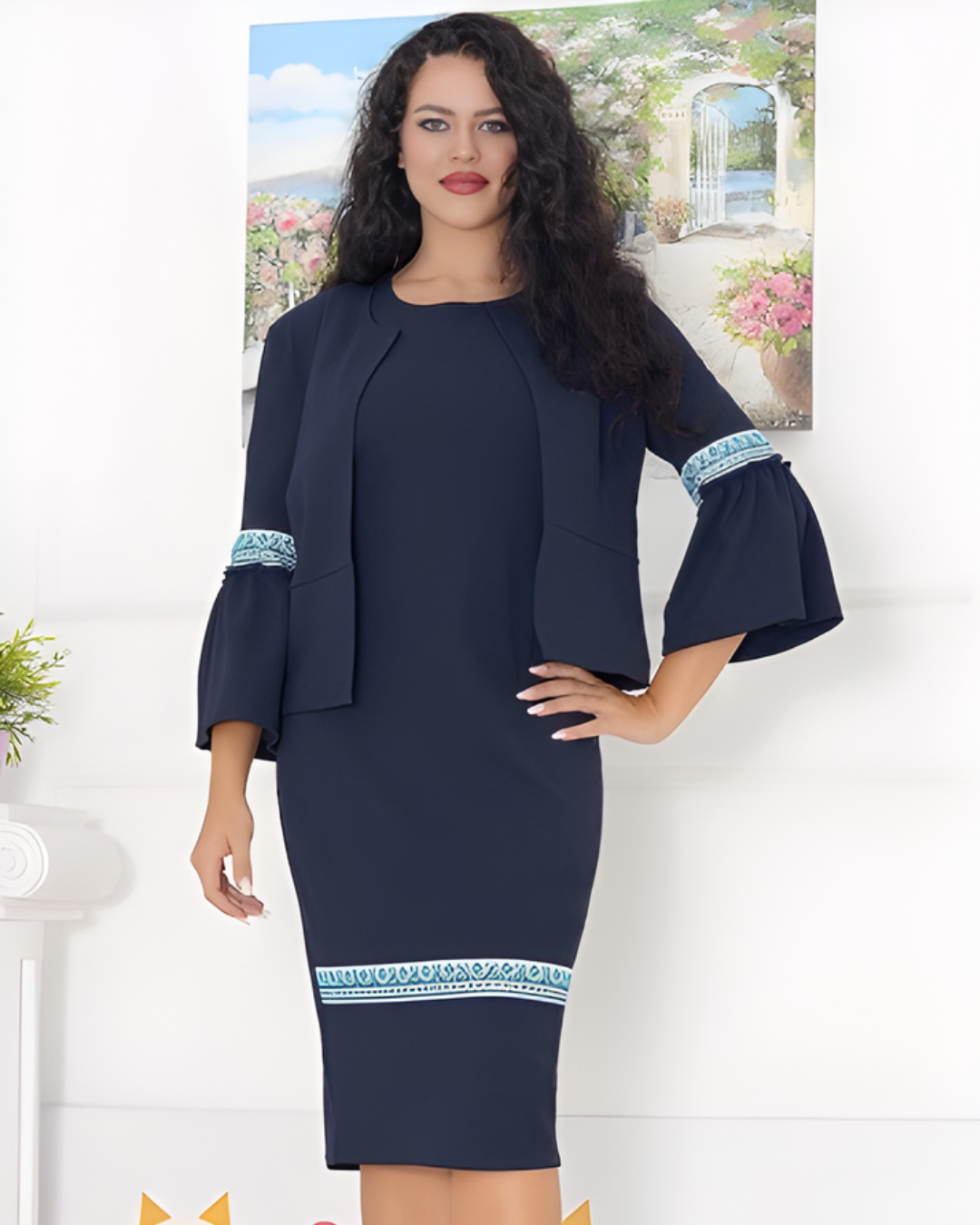 Conjunto Elegante de Vestido y Saco con Toques Artesanales